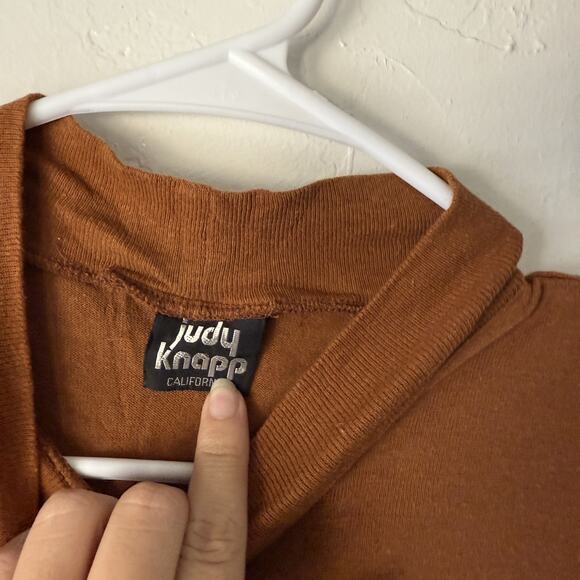 Judy Knapp Shirt 70s Vintage Brown Mock Neck Sleeveless Boho Pocket Aztec Trim - Picture 5 of 6